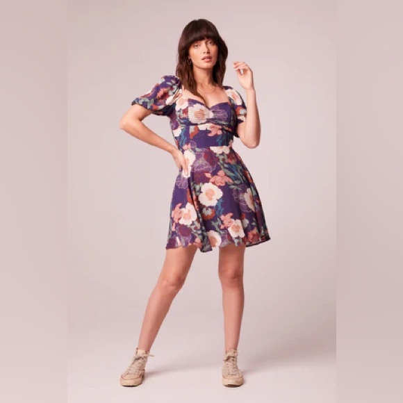 NWT Band Of The Free AIMEE PURPLE FLORAL PUFF SLEEVE MINI DRESS Sweatheart neck - Picture 4 of 5